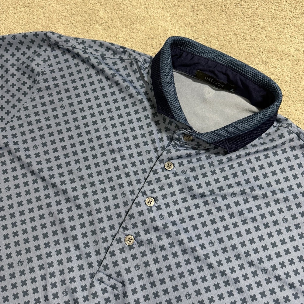 Greyson Polo Shirt Mens XL Blue Cross Print Geometric Short Sleeve Golf Stretch